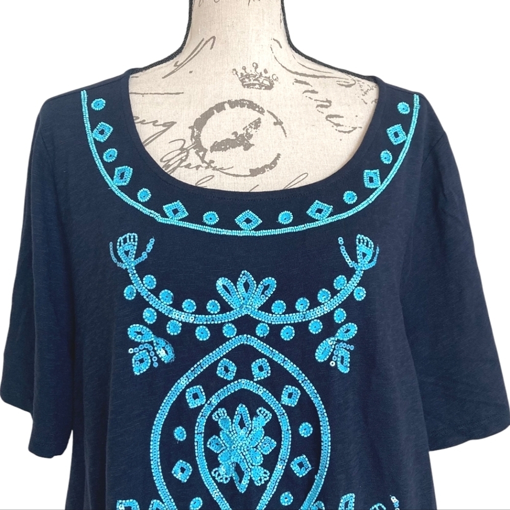 Talbots Beaded embroidered sequin blue tunic boho top 2X Cotton Resort Preppy - Picture 6 of 16